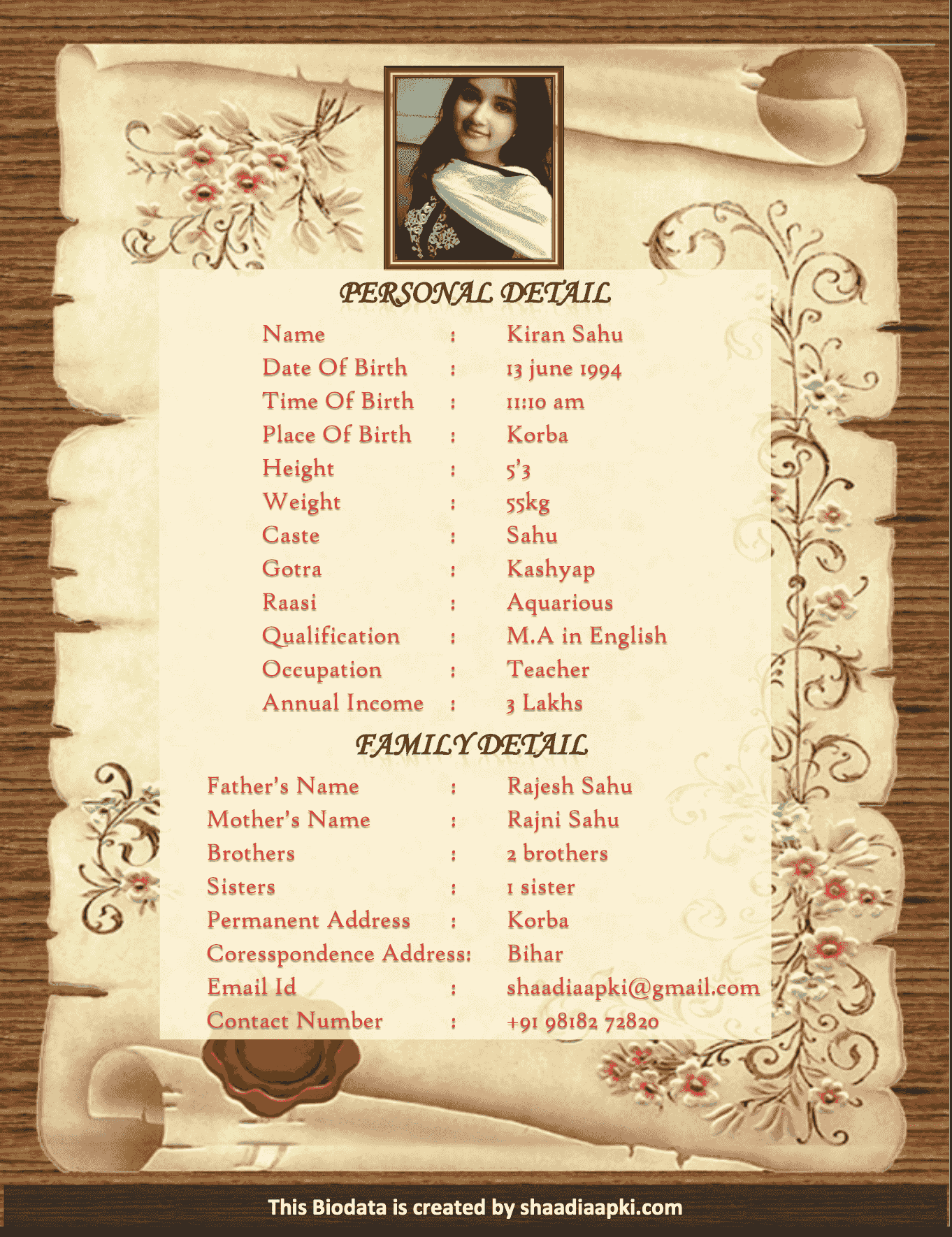 Bio22 Marriage Biodata With Profile Pic And Flower On Wooden Texture 4